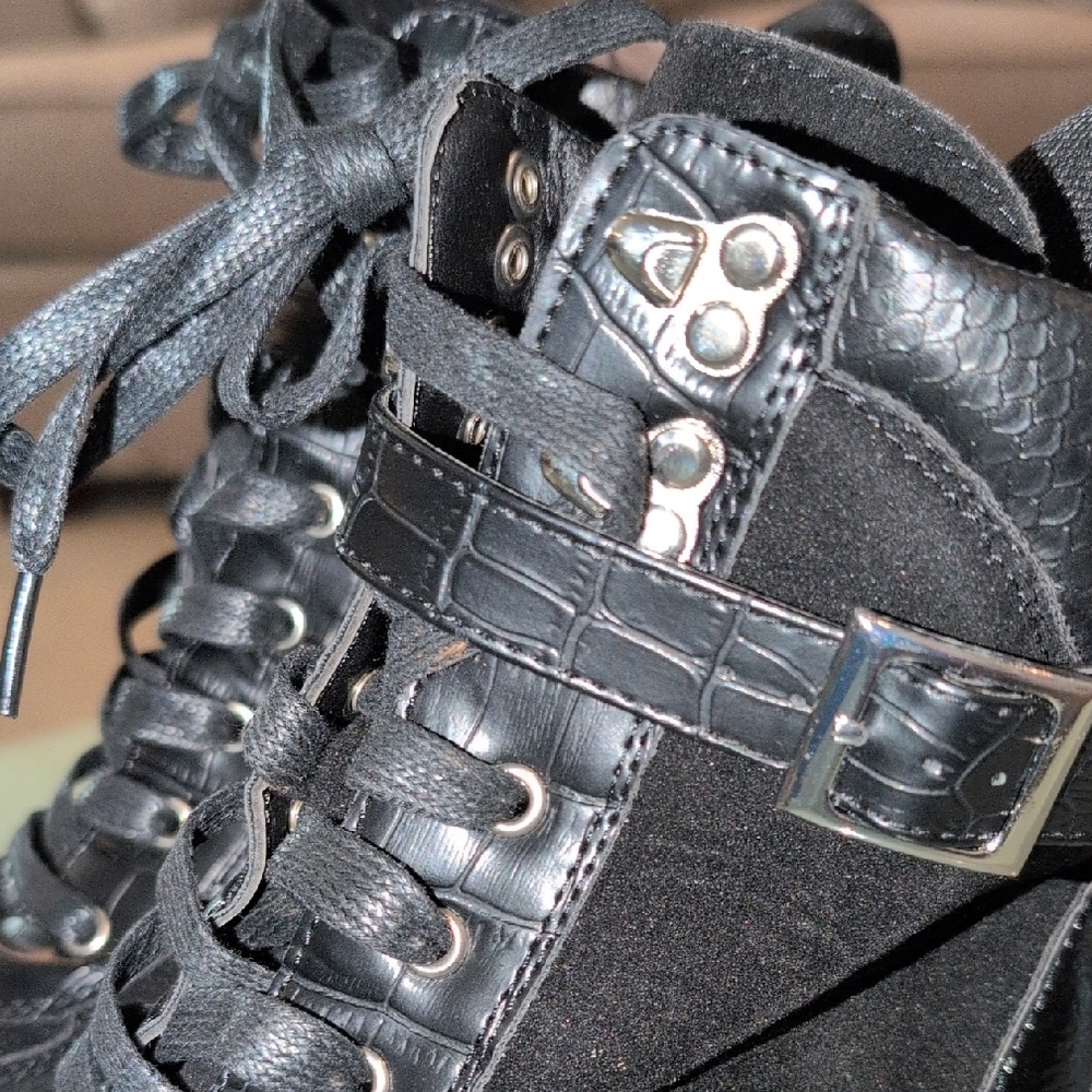 Black Women's Chunky Lace-Up Ankle Boots US 9 UK 7 - Picture 7 of 11